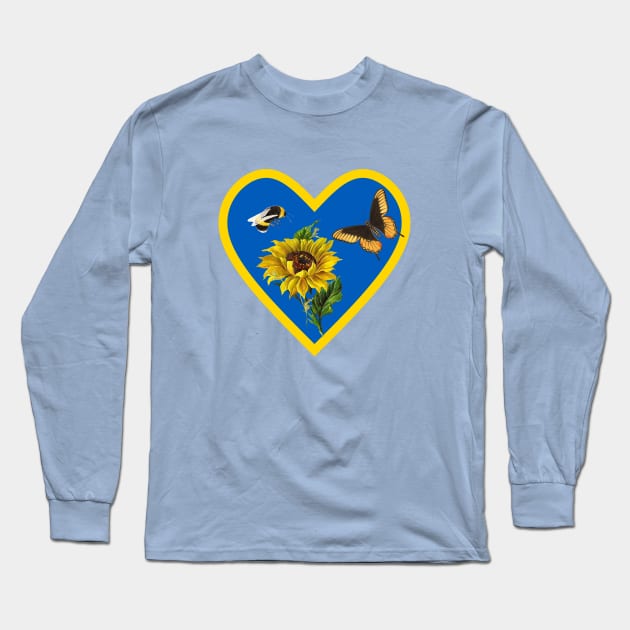 Sunflowers Bee and Butterfly in Blue and Yellow Heart Long Sleeve T-Shirt by SeaChangeDesign